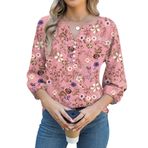 Micoson Kadın 3/4 Kollu Üstler Şık Günlük V Yaka Şifon İş Bluzları Gevşek Kesim İş Düğmeli Gömlekler, Pembe Çiçekli, XL