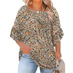 Micoson Kadın Büyük Beden Gömlek Pileli Bisiklet Yaka Bluzlar 3/4 Kollu Üst Şık Günlük Moda Tunik Üst (1X-5X), Turuncu Çiçekli, 3XL