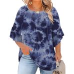 Micoson Kadın Büyük Beden Üst 3/4 Fırfırlı Kollu Gömlek Bisiklet Yaka Pileli Bluzlar Şık Günlük Moda Tunik Üst (1X-5X), Batik Mavi, 3XL