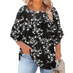 Micoson Kadın Büyük Beden Üst 3/4 Fırfırlı Kollu Gömlek Bisiklet Yaka Pileli Bluzlar Şık Günlük Moda Tunik Üst (1X-5X), Siyah Beyaz Çiçekli, 5XL