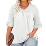 Micoson Kadın Büyük Beden Üst 3/4 Fırfırlı Kollu Gömlek Günlük V Yaka Pileli Tişört Bol Kesim Tunik Bluz (1X-5X), Beyaz, 3XL