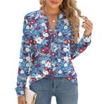 Micoson Kadın Üstleri Şık Günlük Uzun Kollu İş Gömlekleri V Yaka Pileli İş Bluzları Bol Kesim Sonbahar Moda Üst S-XXL, Blue_red Floral, XL