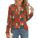 Micoson Kadın Üstleri Şık Günlük Uzun Kollu İş Gömlekleri V Yaka Pileli İş Bluzları Gevşek Fit Sonbahar Trendy Örgü Üst, Noel Print_red, L