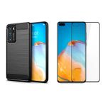 Microcase Huawei P40 Brushed Carbon Fiber Silikon TPU Kılıf - Siyah + Tam Kaplayan Çerçeveli Cam