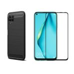 Microcase Huawei P40 Lite Brushed Carbon Fiber Silikon TPU Kılıf - Siyah+Tam Kaplayan Çerçeveli Cam