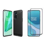 Microcase OnePlus 9 Brushed Carbon Fiber Silikon TPU Kılıf Siyah+Tam Kaplayan Çerçeveli Cam