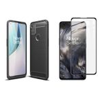 Microcase OnePlus Nord N10 Brushed Carbon Fiber Silikon TPU Kılıf Siyah+Tam Kaplayan Çerçeveli Cam