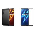 Microcase Realme 6 Pro Brushed Carbon Fiber Silikon Kılıf Siyah+Tam Kaplayan Çerçeveli Cam
