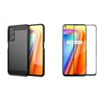 Microcase Realme 7 Brushed Carbon Fiber Silikon Kılıf Siyah+Tam Kaplayan Çerçeveli Cam