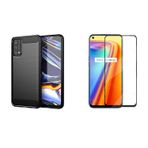 Microcase Realme 7 pro Brushed Carbon Fiber Silikon Kılıf Siyah+Tam Kaplayan Çerçeveli Cam