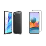 Microcase Xiaomi Redmi Note 10 Brushed Carbon Fiber Silikon Kılıf Siyah+Tam Kaplayan Çerçeveli Cam