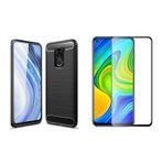Microcase Xiaomi Redmi Note 9 Brushed Carbon Fiber Silikon Kılıf Siyah+Tam Kaplayan Çerçeveli Cam