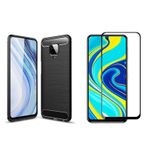 Microcase Xiaomi Redmi Note 9 Pro Brushed Carbon Fiber Silikon TPU Kılıf Siyah+Tam Kaplayan Çerçeveli Cam