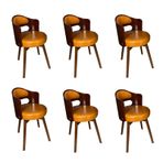 Mid Century Modern Döner Yemek Sandalyeleri 6'lı Set Kollu Döşemeli Suni Deri Minder Vintage Masif Ahşap Ayaklar Sarı