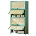 Mid Century Modern Rattan Ayakkabı Dolabı Açılır Kapılı 8 Katlı Serbest Ayakta Ayakkabı Rafı En Koridor Yatak Odası için Doğal Bambu Depolama Çözümü (Yeşil 23,6 inç)