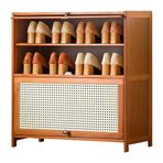 Mid Century Modern Rattan Bambu Ayakkabı Dolabı Depolama 4 Katlı Serbest Ayakta Ayakkabı Rafı En Koridor Yatak Odası için Yerden Tasarruflu Açılır Kapılar (23,6 inç Doğal)