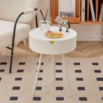 Mid Century Modern Yuvarlak Yan Sehpa, Çekmeceli Vintage Küçük Sehpa, Kanepe için Mini Komodin, Vurgulu Dolaplı Kremsi Beyaz Gece Standı Yatak Odası veya Oturma Odası için