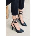 Mida Shoes Y414 Siyah Deri Uzun Bağcıklı Kadın Topuklu Ayakkabı