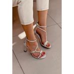 Mida Shoes Y830 Gümüş Deri Boncuklu Kadın Topuklu Ayakkabı