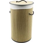 MidasTech Yuvarlak Hasır - Ahşap Kirli Çamaşır Sepeti 37X60CM Seyyar Kapaklı Içi Bezli Ip Kulplu (4