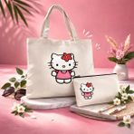 Middles & Niddles Collection Sevimli Kedi Baskılı Bez Çanta & Fermuarlı Cüzdan Set – Kanvas Tote Bag Günlük Omuz Çantası - Kahverengi - Acı Kahverengi