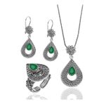 Midyat Nurtaş Gümüş Zümrüt Taşlı Damla Tasarım Telkari Gümüş Üçlü Set 201021756