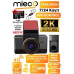 Mieco G4 2K Qhd / Gps / 4G / Wifi / 140 Derece Geniş Açı / Gece Görüşü / Ön + Arka Kamera / Sim Kartlı Araç Kamerası (2025) + Hafıza Kart