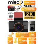 Mieco G4 2K QHD / GPS / 4G / Wifi / 140° Geniş Açı / Gece Görüşü / Ön + Arka Kamera / Sim Kartlı Araç Kamerası (2025) + Hafıza Kartı ve Park Kiti Hediyeli