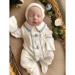 Miel Baby Erkek Bebek El Işlemesi Pembe Kuşlu Yenidoğan Tulum ve Şapka Takımı - 3 - 6 Ay - Ekru