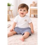 Miela Kids Kruvasan Tişört ve Çizgili Şort Bebek Takımı - 6 - 9 Ay - Denim Mavisi