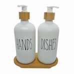 Mien Bambu Kapaklı Cam Sıvı Sabunluk Seti 500 ml x 2 - Mutfak ve Banyo İçin Pompalı Sabunluk, El ve Bulaşık Sabunu İçin Şık ve Dayanıklı Tasarım, Çevre Dostu Cam ve Bambu