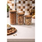 MİEN Borosilikat Çizgili Cam Kavanoz Akasya Kapak Kare Model 1050 Ml - 1350 Ml - 1700 Ml 3'lü Set