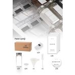 Mienda Home 24'lü Şeffaf Pleksi Standlı Cam Baharatlık Beyaz Etiket Fırça Huni Hediyeli Set Mh03slvr24f