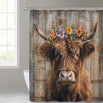 MIEPOS Çiçekli Highland İnek Duş Perdesi Yetişkinler için Hediye Çocuklar için Su Geçirmez Polyester Kumaş Banyo Ev Dekoru Rustik Çiftlik Evi Ahşap Tahta Banyo Perdeleri 12 Kancalı 182 x 183 cm.