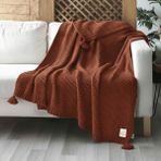 Miespiga Coco Pirinç Örgü Ponponlu Triko Tv Battaniyesi Throw Koltuk Şalı - 130 x 170 cm - Kiremit