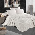 Miespiga Damask Design Çift Taraflı Jakarlı Keten Pamuk Dokuma Battal Boy(King Size) 240x260cm Antialejik Nefes Alabilen Dört Mevsim Pike Yatak Örtüsü (Bej)