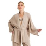 Miespiga Hafif ve Nefes Alan Müslin Kadın Kısa Kimono Pamuklu | Plaj Elbisesi | Kuşaklı Kısa Kaftan (Bej, Standart)