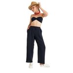 Miespiga Pamuklu Dokuma Müslin Düğüm Crop Top, Arkası Lastikli Geniş Paça Pantolon, 2'li Takım | Müslin Plaj Takım | Kadın Müslin Alt Üst Takım (Siyah, M-L)
