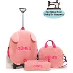 Migie Kişiye Özel Isimli 2-7yaş Çekçekli Çanta + Beslenme Çantası + Kalemlik Kreş/anaokulu Seti Pembe Peluş Tavşan