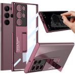 Miimall Samsung Galaxy S24 Ultra Kılıf, [Destek Standı] [Kaplama Çerçevesi ve Şeffaf Arka] Sert PC Darbe Emici Düşmeye Karşı Tam Koruyucu Kapak Tampon Kılıf Samsung S24 Ultra için, Kırmızı