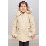 Mika Bebek & Çocuk Ponponlu Kürklü Kapüşonlu Bej Kız Çocuk Mont