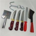 Mika Saplı Kırmızı 7 Parça Kurban Seti Mutfak Bıçak Setleri Kanca Masat Satır Et Tokmağı
