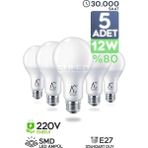 Mikasso 12W LED Ampül 5'li Paket E27 Beyaz Işık Güçlü Aydınlatma Smd LED 6500K Tasarruflu Lamba