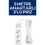 Mikasso 5 Metre Anahtarlı Kablolu Topraklı Ara Kablosu Uzatmalı Seyyar 3lü Grup Priz Beyaz