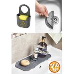 Mikasso Antrasit Gri Su Tutucu Musluk Matı + Lavabo Süzgeci + Askılı Bulaşık Süngeri Düzenleyici 3 Lü Set Si