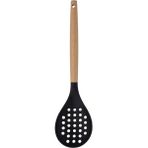 Mikasso Bambu Saplı Silikon Kevgir 32 cm Siyah Isıya Dayanıklı Delikli Servis Kevgiri Silikon
