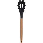 Mikasso Bambu Saplı Silikon Makarna Servis Kaşığı 32 cm Siyah Isıya Dayanıklı Delikli Servis Kepçesi Bambu S