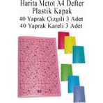 Mikasso Defter Plastik Kapak A4 40 Yaprak Çizgili 3 Adet ve 40 Yaprak Kareli 3 Adet Harita Metod Defter Yumu - Çok Renkli