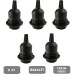 Mikasso E27 Duy Geçmeli Yarım Diş Avize, Abajur, Lambader Duyu Halkalı - Bakalit Siyah (250V-4A) 5 Adet