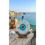 Mikasso El Yapımı Nazar Boncuğu Taşlı Mozaik Butik Tasarım Balkon, Bahçe, Duvar Süsü Cam Beyaz - Çok Renkli